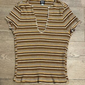 BDG Women's Short Sleeve Striped crop Top - Yellow and Brown